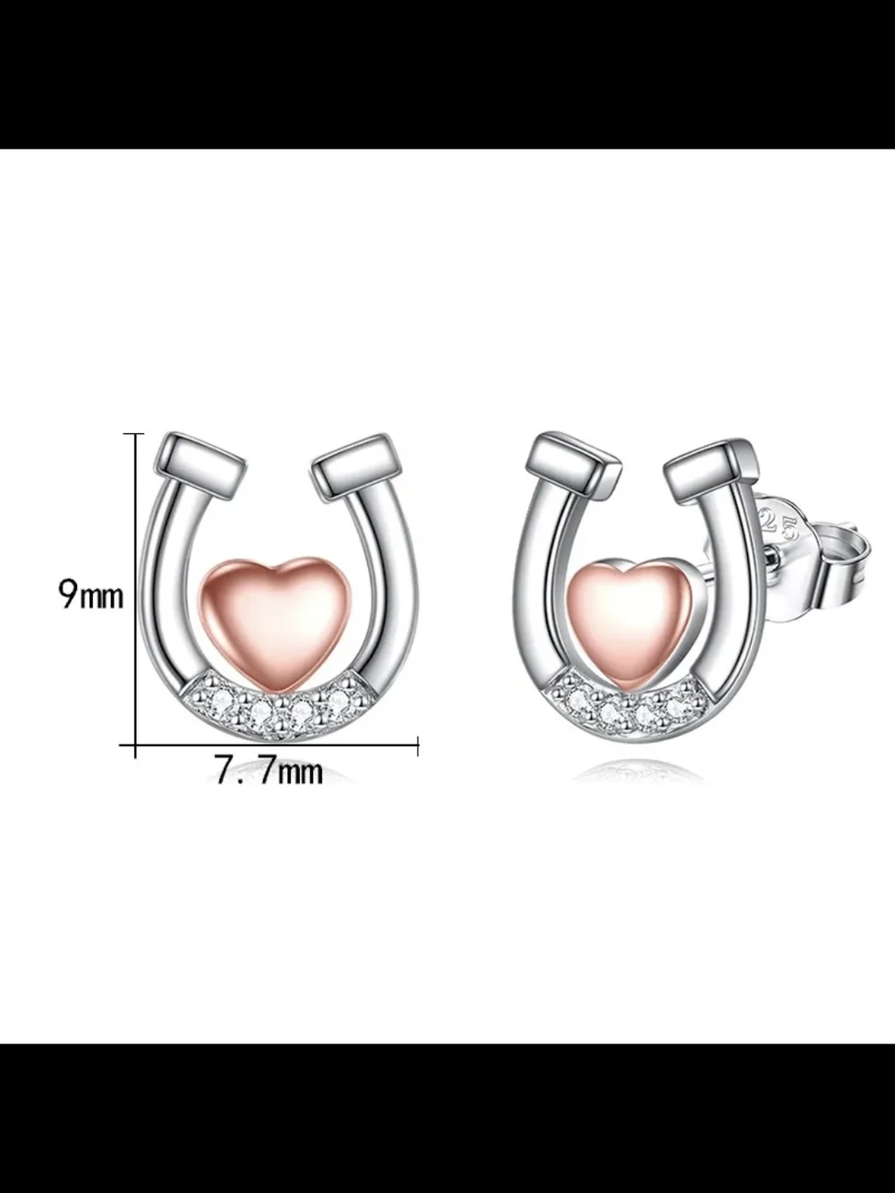 Sterling Silver Horseshoe Stud Earring with Rose Gold Heart Accent